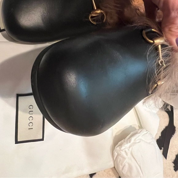 Gucci River RARE black leather horsebit kangaroo fur lined slipper mules men 5.5 - Picture 6 of 11